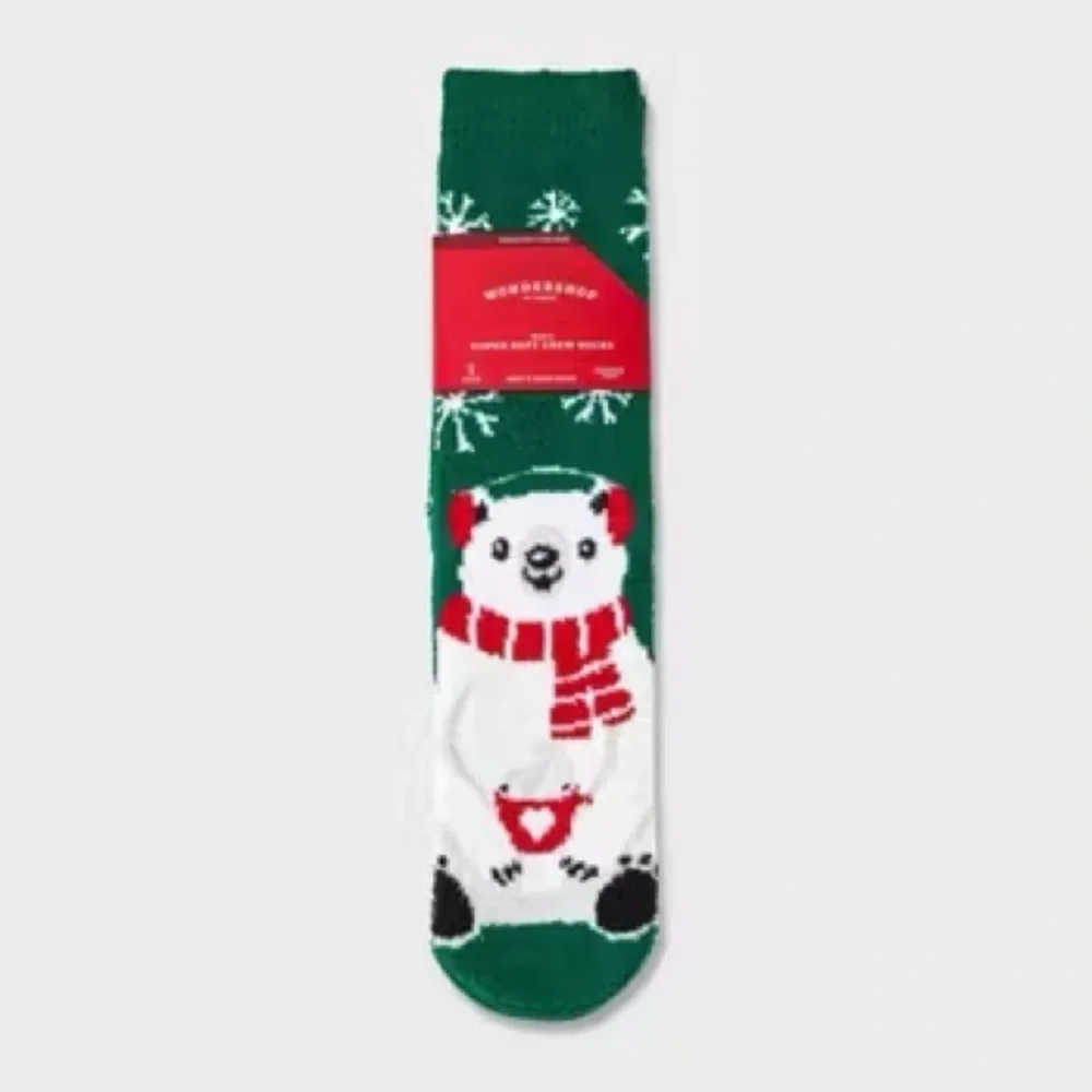 2 Pair Wondershop men’s super soft Crew Green Polar Bear Socks (men’s 6-12 shoe)